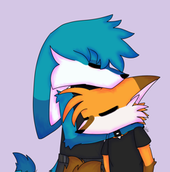 Size: 1504x1519 | Tagged: safe, artist:cybrtailsz, kit the fennec, miles "tails" prower, 2024, clothes, duo, eyes closed, gay, hugging, kitails, purple background, shipping, shirt, simple background, spiked bracelet