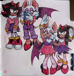 Size: 2003x2048 | Tagged: safe, artist:vulcan-moon, rouge the bat, shadow the hedgehog, alternate outfit, clothes, duo, phone, redesign, selfie, shirt, skirt, standing, stockings, traditional media