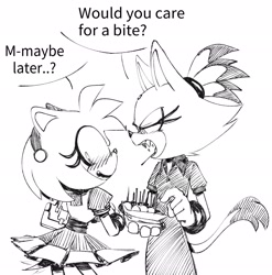 Size: 2024x2048 | Tagged: safe, artist:coldspace, amy rose, blaze the cat, cat, hedgehog, 2024, amy x blaze, blushing, cute, english text, fangs, female, females only, lesbian, line art, mouth open, shipping, sketch, speech bubble