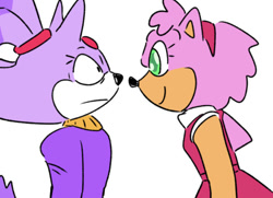 Size: 706x510 | Tagged: safe, artist:lunesart, amy rose, blaze the cat, cat, hedgehog, 2024, amy x blaze, amy's halterneck dress, blaze's tailcoat, cute, female, females only, lesbian, looking at each other, shipping, smile