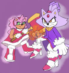 Size: 707x744 | Tagged: safe, artist:lunesart, amy rose, blaze the cat, cat, hedgehog, 2024, amy x blaze, amy's halterneck dress, angry, blaze's tailcoat, female, females only, flame, lesbian, piko piko hammer, shipping