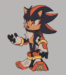 Size: 1797x2048 | Tagged: safe, artist:qkora01, shadow the hedgehog, 2024, fingerless gloves, frown, grey background, looking offscreen, redesign, simple background, solo, standing