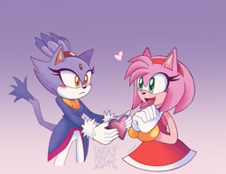 Size: 2048x1582 | Tagged: safe, artist:chonkypancake_, amy rose, blaze the cat, cat, hedgehog, 2024, amy x blaze, amy's halterneck dress, blaze's tailcoat, cute, female, females only, hands together, hearts, lesbian, looking at each other, mouth open, shipping