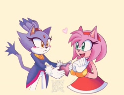 Size: 2048x1582 | Tagged: safe, artist:chonkypancake_, amy rose, blaze the cat, cat, hedgehog, 2024, alternate version, amy x blaze, amy's halterneck dress, blaze's tailcoat, cute, female, females only, hands together, hearts, lesbian, looking at each other, mouth open, shipping