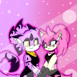 Size: 1378x1378 | Tagged: safe, artist:giarose59088405, amy rose, blaze the cat, cat, hedgehog, 2022, amy x blaze, cute, female, females only, holding hands, lesbian, looking at each other, shipping