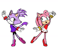 Size: 1280x1105 | Tagged: safe, artist:amylyss, amy rose, blaze the cat, cat, hedgehog, 2024, amy x blaze, female, females only, gymnastic outfit, lesbian, looking at them, mario & sonic at the olympic games, shipping