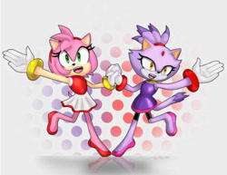 Size: 424x327 | Tagged: safe, artist:sonadowfanuwuara, amy rose, blaze the cat, cat, hedgehog, 2023, amy x blaze, cute, female, females only, gymnastic outfit, holding hands, lesbian, looking at them, mario & sonic at the olympic games, mouth open, shipping