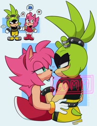 Size: 1104x1431 | Tagged: safe, artist:snapyobbg, amy rose, surge the tenrec, ..., 2024, abstract background, heart, lesbian, looking at each other, shipping, smile, surgamy