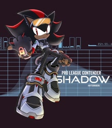 Size: 1511x1728 | Tagged: safe, artist:bulletstations, shadow the hedgehog, 2024, abstract background, alternate universe, au:after riders, character name, clothes, english text, frown, goggles, looking at viewer, solo, sonic riders