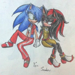 Size: 800x804 | Tagged: safe, artist:b4phom3t, shadow the hedgehog, sonic the hedgehog, 2015, clothes, crop top, dress, duo, english text, frown, gender swap, holding hands, jacket, lesbian, lidded eyes, looking at each other, pants, r63 shipping, shadow x sonic, ship name, shipping, sitting, smile, traditional media