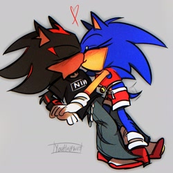 Size: 1774x1774 | Tagged: safe, artist:youhalfwit, shadow the hedgehog, sonic the hedgehog, 2023, blushing, branded clothes, chain, clothes, crop top, duo, eyes closed, gender swap, grey background, heart, holding hands, kiss, lesbian, nin, pants, r63 shipping, shadow x sonic, shipping, shirt, shorts, simple background, smile, wagging tail