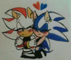 Size: 1024x857 | Tagged: safe, artist:jazz the tabbycat, shadow the hedgehog, sonic the hedgehog, 2019, arms folded, blushing, clothes, crop top, cute, duo, eyes closed, frown, gender swap, heart, hugging from behind, lesbian, lidded eyes, r63 shipping, ring, shadow x sonic, shipping, shorts, smile, sonabetes, traditional media
