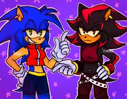 Size: 835x651 | Tagged: safe, artist:wa wa, shadow the hedgehog, sonic the hedgehog, 2020, belt, clothes, crop top, duo, ear piercing, earring, frown, gender swap, hand on hip, lidded eyes, looking at viewer, outline, pants, purple background, shorts, signature, simple background, smile, star (symbol)