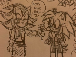 Size: 1024x766 | Tagged: safe, artist:wa wa, shadow the hedgehog, sonic the hedgehog, 2020, blushing, dialogue, duo, english text, flower, gender swap, holding something, lesbian, line art, looking at them, looking away, offering flower, r63 shipping, shadow x sonic, shipping, sketch, standing, traditional media, wagging tail
