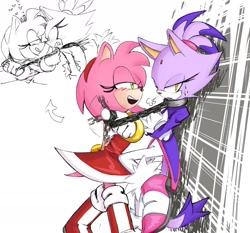 Size: 1701x1582 | Tagged: safe, artist:coldspace, amy rose, blaze the cat, cat, hedgehog, 2024, amy x blaze, amy's halterneck dress, arms folded, blaze's tailcoat, chain, female, females only, hearts, lesbian, looking at viewer, shipping, sketch, sweatdrop