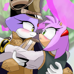 Size: 768x768 | Tagged: safe, artist:blaze-the-cat2006, amy rose, blaze the cat, cat, hedgehog, 2024, amy x blaze, cute, female, females only, holding them, lesbian, looking at each other, shipping