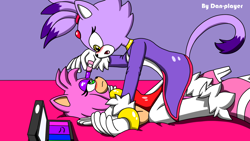 Size: 1280x720 | Tagged: safe, artist:dan-player, amy rose, blaze the cat, cat, hedgehog, 2024, amy x blaze, amy's halterneck dress, blaze's tailcoat, cute, female, females only, lesbian, looking at each other, makeup, shipping
