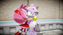 Size: 1920x1080 | Tagged: safe, artist:dan-player, amy rose, blaze the cat, 2020, 3d, abstract background, amy x blaze, duo, holding them, kiss on cheek, lesbian, shipping, smile, standing