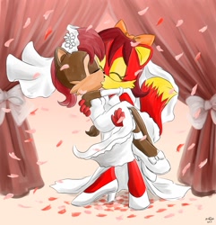 Size: 1638x1700 | Tagged: safe, artist:conmad-ina, fiona fox, sally acorn, abstract background, carrying them, curtains, duo, eyes closed, holding each other, kiss, lesbian, petals, saliona, shipping, signature, standing, wedding, wedding dress