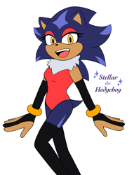 Size: 1373x1796 | Tagged: safe, artist:itz-pandora, oc, oc:stellar the hedgehog, hedgehog, character name, fankid, flat colors, looking at viewer, mouth open, oc only, parent:shadow, parent:sonic, parents:sonadow, simple background, smile, solo, sparkles, standing, white background