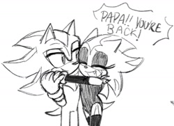 Size: 2019x1462 | Tagged: safe, artist:emthimofnight, shadow the hedgehog, oc, oc:stellar the hedgehog, hedgehog, cute, dialogue, duo, english text, fankid, father and child, father and daughter, hugging, one fang, parent:shadow, parent:sonic, parents:sonadow, simple background, smile, standing, white background