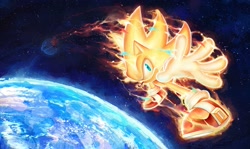 Size: 2048x1217 | Tagged: safe, artist:lightningstar1389, sonic the hedgehog, super sonic 2, death egg, earth, flying, looking at viewer, solo, space, star (sky), super form
