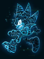 Size: 1559x2048 | Tagged: safe, artist:lightningstar1389, sonic the hedgehog, black background, clenched teeth, cyber form, cyber sonic, glowing, looking at viewer, sharp teeth, simple background, solo, sonic frontiers: final horizon, sparkles