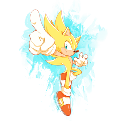 Size: 2048x2022 | Tagged: safe, artist:lightningstar1389, sonic the hedgehog, super sonic 2, sonic frontiers, clenched fist, flying, frown, looking at viewer, pointing, solo, super form