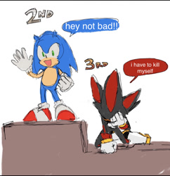 Size: 1170x1208 | Tagged: safe, artist:yourkidding, shadow the hedgehog, sonic the hedgehog, dialogue, duo, english text, mario & sonic at the olympic games, simple background, sketch, speech bubble, standing, white background
