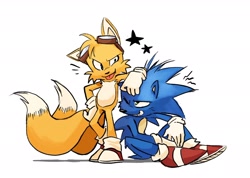 Size: 2048x1461 | Tagged: safe, artist:ratrrriot, miles "tails" prower, sonic the hedgehog, 2024, arm rest, duo, simple background, smile, star (symbol), tongue out, white background