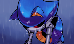 Size: 2048x1240 | Tagged: safe, artist:alyrian, metal sonic, black sclera, gradient background, looking down, outdoors, rain, robot, sad, solo, wet