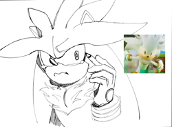 Size: 2048x1504 | Tagged: safe, artist:rianlightwood, silver the hedgehog, eyeliner, frown, holding something, line art, reference inset, sad, simple background, sketch, solo, tears, tears of sadness, white background