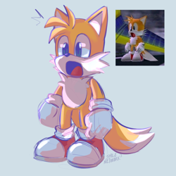 Size: 2048x2048 | Tagged: safe, artist:smilenetwork, miles "tails" prower, sonic adventure, exclamation mark, grey background, looking offscreen, mouth open, redraw, reference inset, signature, simple background, solo
