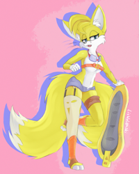 Size: 701x878 | Tagged: safe, artist:liswolynski, miles "tails" prower, 2023, belt, breasts, ear fluff, extreme gear, gender swap, goggles, goggles around neck, lidded eyes, looking at viewer, redesign, shorts, signature, single thighhigh, solo, sonic riders, standing on one leg, toeless shoes