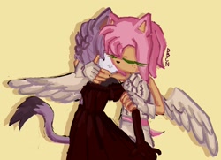 Size: 1864x1348 | Tagged: safe, artist:bombchan, amy rose, blaze the cat, cat, hedgehog, 2024, amy x blaze, angel, angel wings, cute, female, females only, hugging, lesbian, shipping