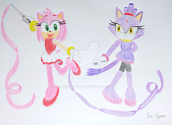 Size: 1920x1406 | Tagged: safe, artist:kei-ayano, amy rose, blaze the cat, cat, hedgehog, 2023, amy x blaze, cute, female, females only, gymnastic outfit, lesbian, looking at viewer, mario & sonic at the olympic games, shipping, traditional media
