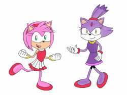 Size: 1280x961 | Tagged: safe, artist:lunarozza, amy rose, blaze the cat, cat, hedgehog, 2024, amy x blaze, cute, female, females only, gymnastic outfit, lesbian, looking at viewer, mario & sonic at the olympic games, shipping
