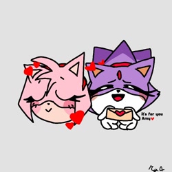 Size: 768x768 | Tagged: safe, artist:blaze-the-cat2006, amy rose, blaze the cat, cat, hedgehog, 2024, amy x blaze, cute, english text, eyes closed, female, females only, head only, hearts, lesbian, love letter, shipping