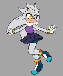 Size: 1491x1780 | Tagged: safe, artist:umbramus, silver the hedgehog, clothes, crop top, grey background, looking offscreen, shorts, simple background, skirt, smile, solo, trans female, transgender