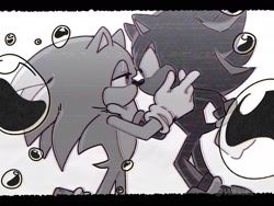 Size: 2048x1536 | Tagged: safe, artist:bl00doodle, shadow the hedgehog, sonic the hedgehog, bubbles, duo, gay, greyscale, holding another's neck, looking at each other, monochrome, shadow x sonic, shipping, simple background, standing, white background