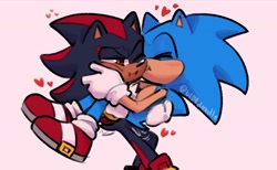 Size: 2048x1264 | Tagged: safe, artist:bl00doodle, shadow the hedgehog, sonic the hedgehog, blushing, carrying them, cute, duo, eyes closed, gay, hands on another's face, heart, one eye closed, pink background, shadow x sonic, shadowbetes, shipping, signature, simple background, sonabetes