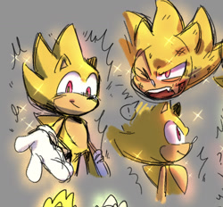 Size: 1406x1304 | Tagged: safe, artist:bl00doodle, sonic the hedgehog, super sonic, bleeding, blood, exclamation mark, glowing, grey background, injured, looking at viewer, looking offscreen, mouth open, scratch (injury), simple background, sketch, smile, solo, sparkles, super form, wound