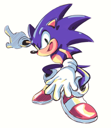 Size: 1975x2283 | Tagged: safe, artist:gaytangle, sonic the hedgehog, looking at viewer, mouth open, pointing, simple background, smile, solo, white background