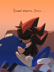 Size: 810x1080 | Tagged: safe, artist:vandekinang, shadow the hedgehog, sonic the hedgehog, dialogue, duo, english text, eyes closed, gay, gradient background, indoors, lineless, lying down, lying on them, shadow x sonic, shipping, sitting