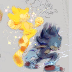 Size: 1275x1287 | Tagged: safe, artist:bl00doodle, sonic the hedgehog, super sonic, crying, dark form, dark sonic, duo, electricity, flying, sparkles, super form, tears