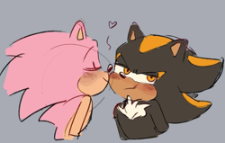 Size: 923x588 | Tagged: safe, artist:bl00doodle, shadow the hedgehog, sonic the hedgehog, oc, oc:sakura sonic, blushing, cute, duo, eyes closed, frown, gay, grey background, heart, kiss on cheek, looking away, pink fur, shadow x sonic, shipping, simple background, sketch, smile