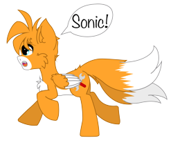 Size: 824x701 | Tagged: safe, artist:aerithechidna4rt, miles "tails" prower, 2016, crossover, implied sonic, looking ahead, looking offscreen, my little pony, pegasus, ponified, pony, running, simple background, solo, species swap, speech bubble, transparent background