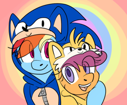 Size: 540x447 | Tagged: safe, artist:ask-scootaku, miles "tails" prower, sonic the hedgehog, abstract background, arm around shoulders, barely sonic related, crossover, cute, duo, kigurumi, looking at viewer, my little pony, pegasus, pony, rainbow dash, scootaloo, smile