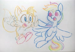 Size: 4032x2808 | Tagged: safe, artist:dawnf1re, miles "tails" prower, crossover, duo, high five, looking at each other, my little pony, pegasus, pony, rainbow dash, smile, traditional media