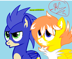 Size: 765x634 | Tagged: dead source, safe, artist:artistiacons, artist:galaxyacero, miles "tails" prower, sonic the hedgehog, base used, blue background, crossover, duo, looking offscreen, my little pony, pegasus, ponified, pony, signature, simple background, species swap